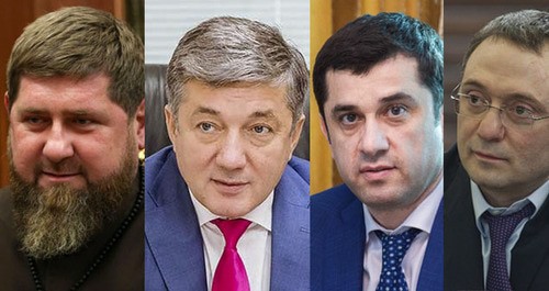 Рамзан Кадыров, Ризван Курбанов, Бекхан Барахоев, Керимов Сулейман (слева направо). Коллаж "Кавказского узла". Фото: Kremlin.ru, https://www.riadagestan.ru/, Targimingush https://ru.wikipedia.org, https://ru.wikipedia.org/